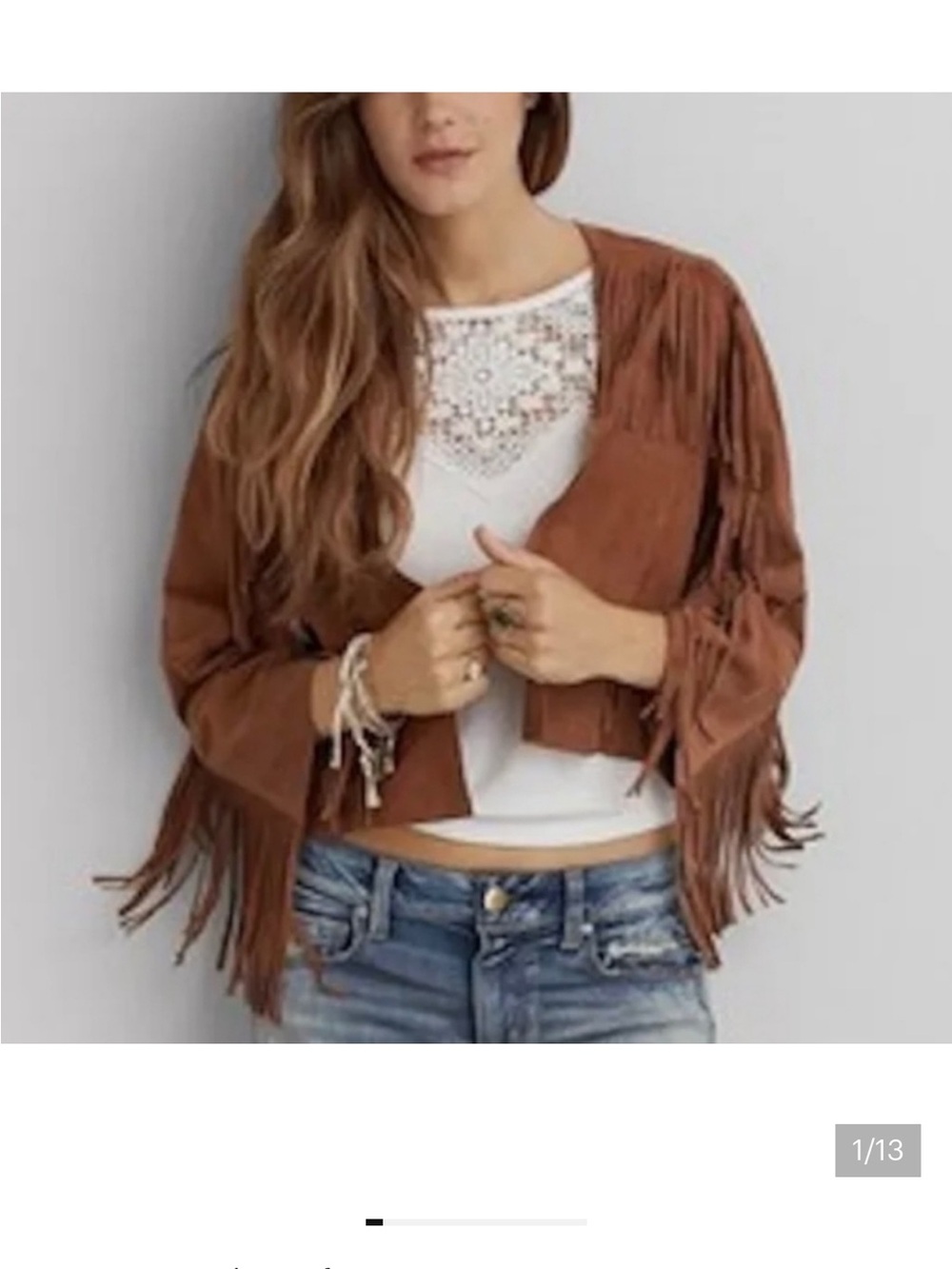American Eagle Outfitters Genuine Suede Fringe Jacket Boho Western Brown Cropped - Picture 8 of 9